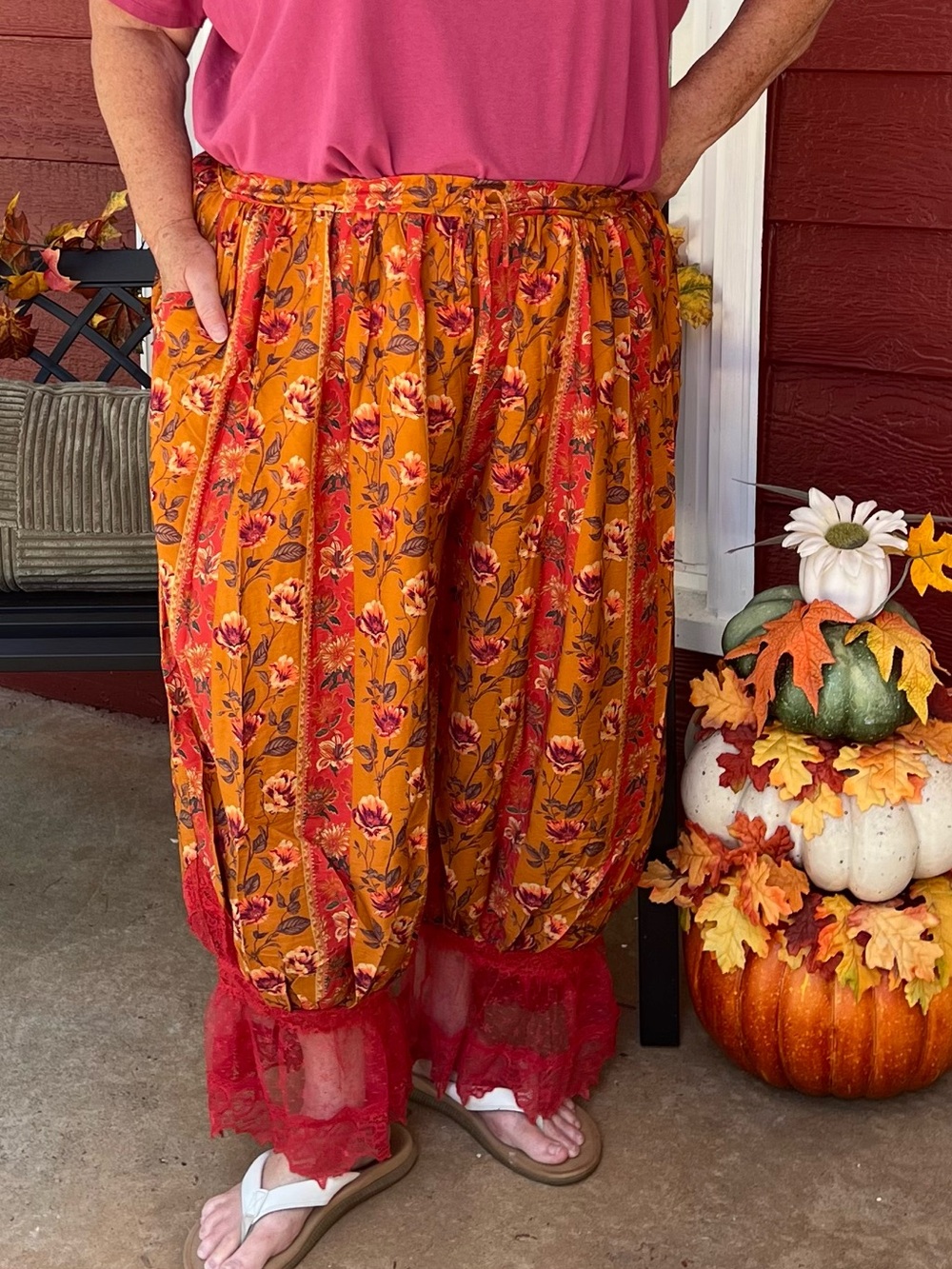 Heimish Mustard Floral Wide-Leg Lace Hem Harem Pants